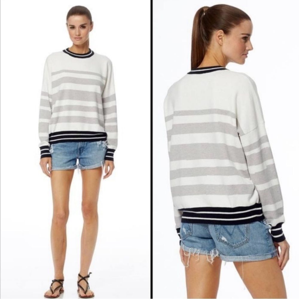 360 Cashmere Striped Gray and White Cashmere Cotton Blend Pullover Sweater. M